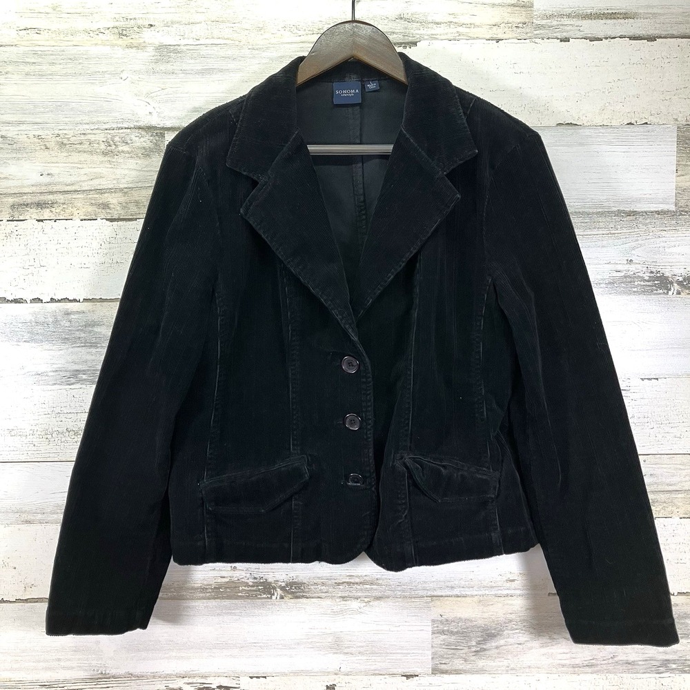 Sonoma Womens Black Corduroy 3 Button Blazer with Flap Pockets Jacket Size L